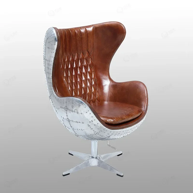 

Loft Leather Egg Chair, Aluminium Space Computer Chair with Backrest Armrest, Single Retro Industrial Eggshell Chair Swivel Sofa