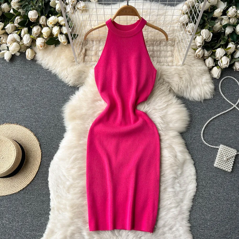 YuooMuoo Women Dress Sexy Hollow Out Waist Wrap Hips Knitted Mini Dress Women Sleeveless Slim Elastic Bodycon Summer Dress