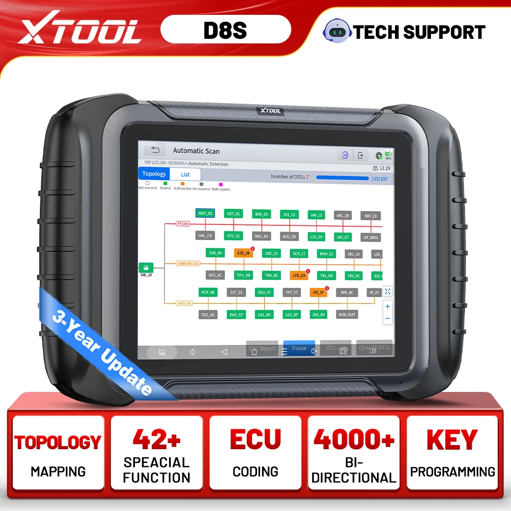 XTOOL D8S V2.0 Car Diagnostic Tools Automotive Scanner ECU Coding 42+ Services Topplogy Bi-Directional Control CANFD DOIP FCA