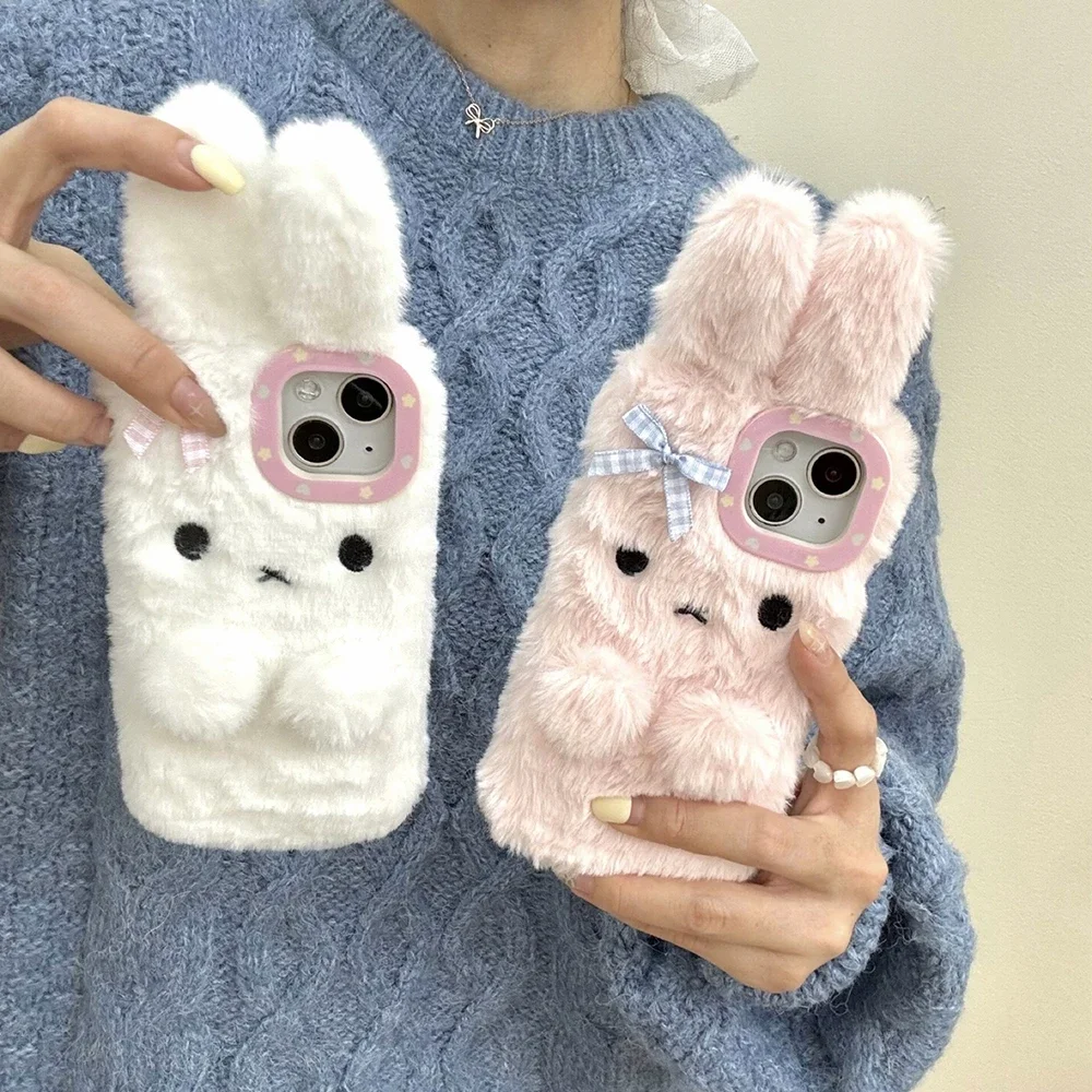 3D Kawaii Bow Bunny Cartoon Plush Stereo Phone Case for IPhone 16 15 14 13 12 11 Pro Max Drop-resistant Back Cover Girl Gift