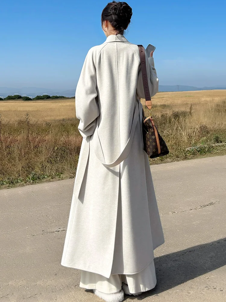 New Women Double-Faced Wool Coat Autumn Winter Fashion Chic Turn-down Collar Loose Waist Simplicity Long Wool Blends Coat