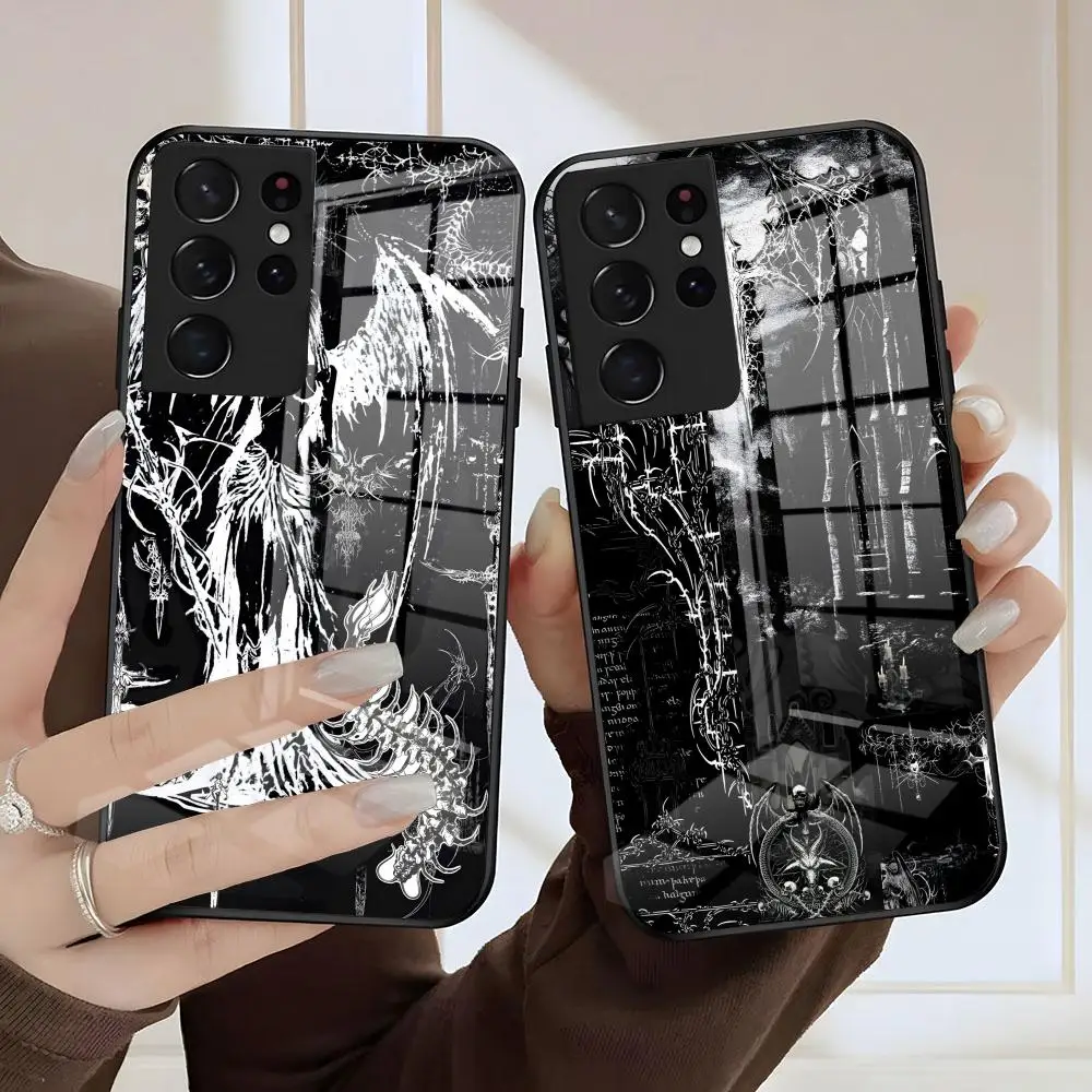 Gothic Coquette Cyber Sigilism Cross Phone Case For Samsung S25 S24 FE S23 S22 S21 Plus S20 Ultra Note20Ultra Black Glass Cover