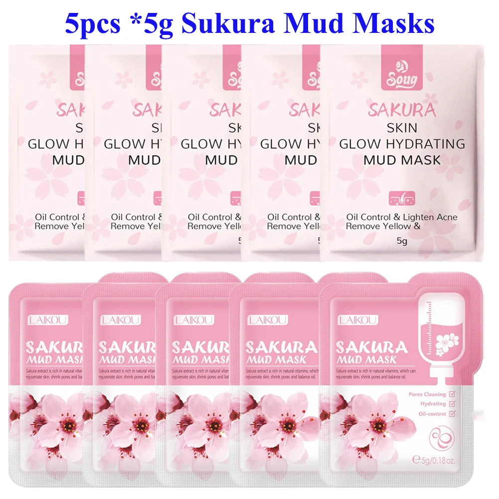 

5 шт. * 5 г грязевая маска для лица Сакура, глубоко очищающая глиняная маска с контролем жирности, увлажняющие пакеты, уход за кожей лица, дорожный размер