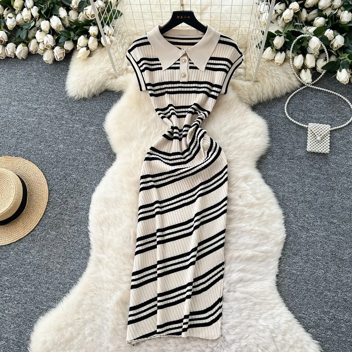 

Long Dress Women Striped Dresses Polo Neck Vestidos Streetwear Sleeveless Elegant Splice Y2k Tight Waist Work Summer 2025