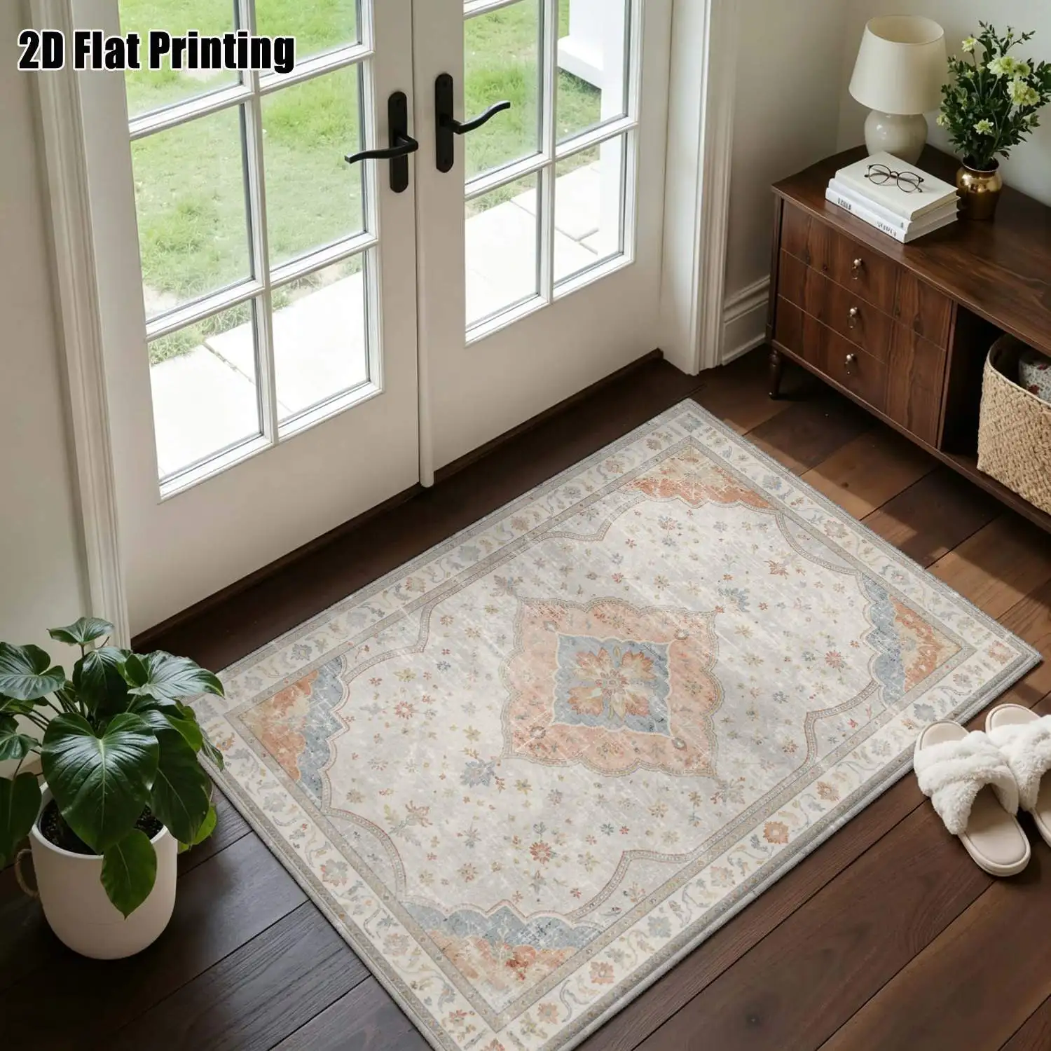 1Pc 2D Printed Retro Blue Pink Floral European Modern Minimalist Geometric Carpet, Home Decor, Multi-Size, Machine Washable, for Entrance, Dining Room, Foyer, Bedroom, Living Room