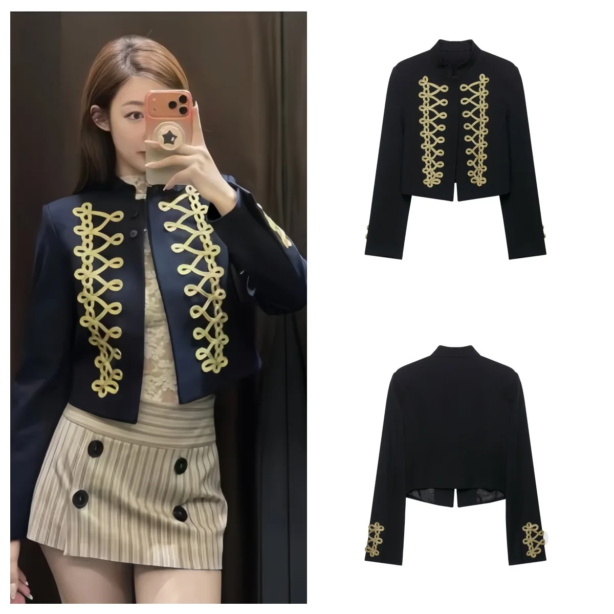 Guobioziy 2026 Autumn Military Style Cropped Blazer Women Stand Collar Long Sleeve Gold Embroidery Napoleon Short Jacket Outerwe