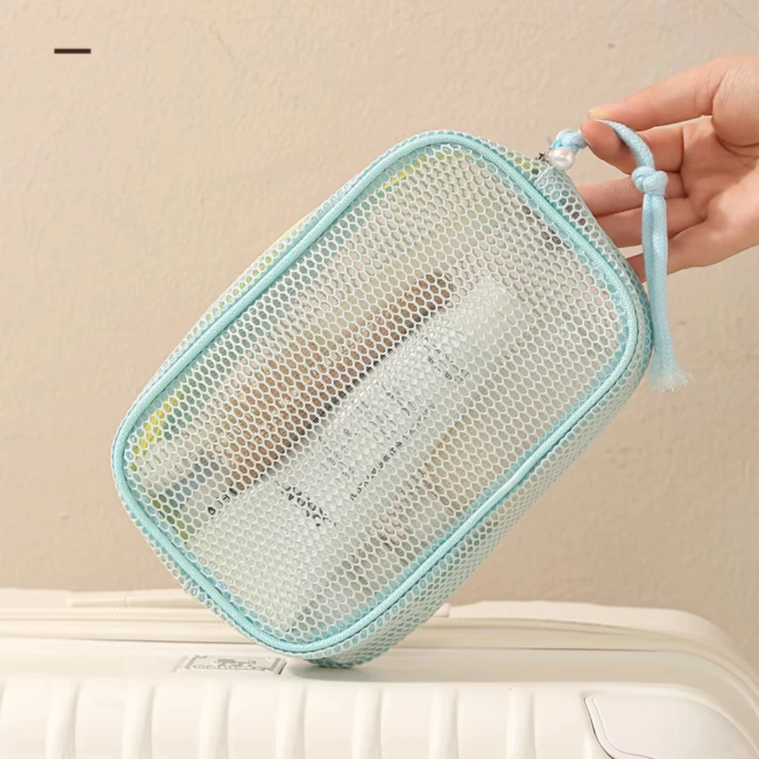 Portable Travel Toiletry Bag Pink Mesh Cosmetic Bag Shower Cosmetic Pouch Beige Breathable Makeup Organizer Bag For Bathroom Gym