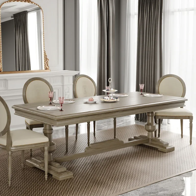 American country solid wood dining table, French weathered white retro dining table