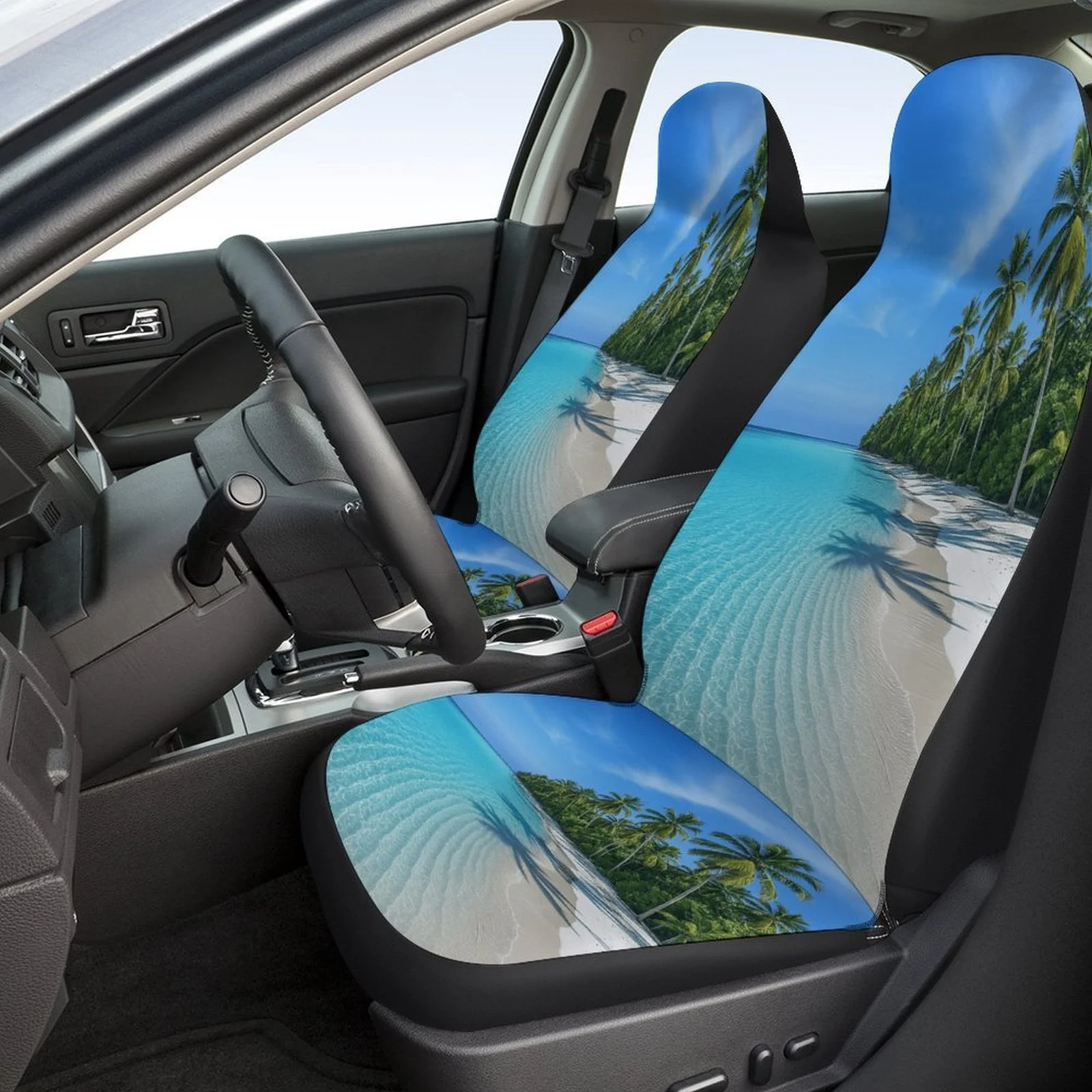 Tropical Paradise Beach Designed Car Seat Covers Set For Most Cars, Trendy Novelty Decorative Car Seat Protector Covers Full Set