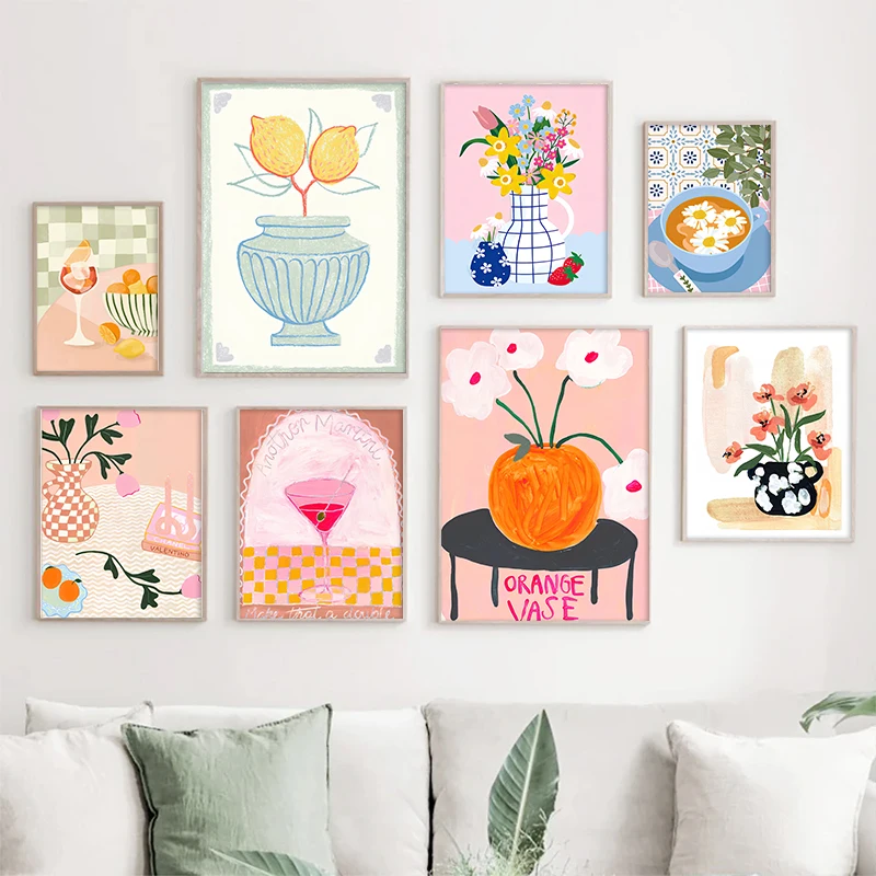 Macaron Abstract Minimalist Poster Vase Flowers Fruit Wall Art Canvas Painting Home Decor for Bedroom Living Room Hallway