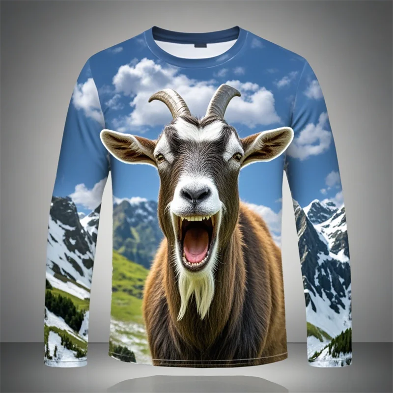 Screaming Goat Graphic T-shirt Men 3D Print Funny Goat Lovely Long Sleeve Tee Shirts Spring Fall Fashion Hip Pop Women Clothes