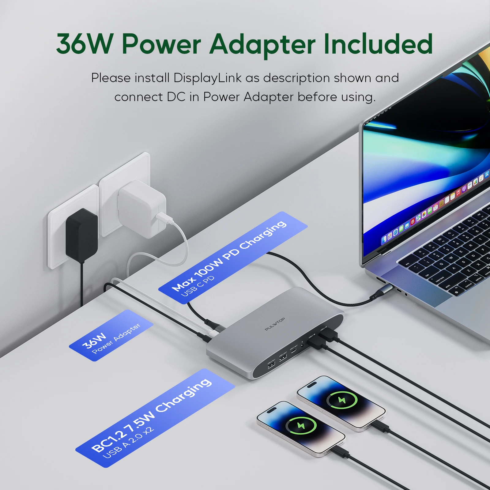 PULWTOP Displaylink 도킹 스테이션, 4K@60Hz 2 HDMI, 2 디스플레이 포트, PD, USB A/C, 이더넷을 갖춘 삼중 디스플레이 DisplayLink 도크