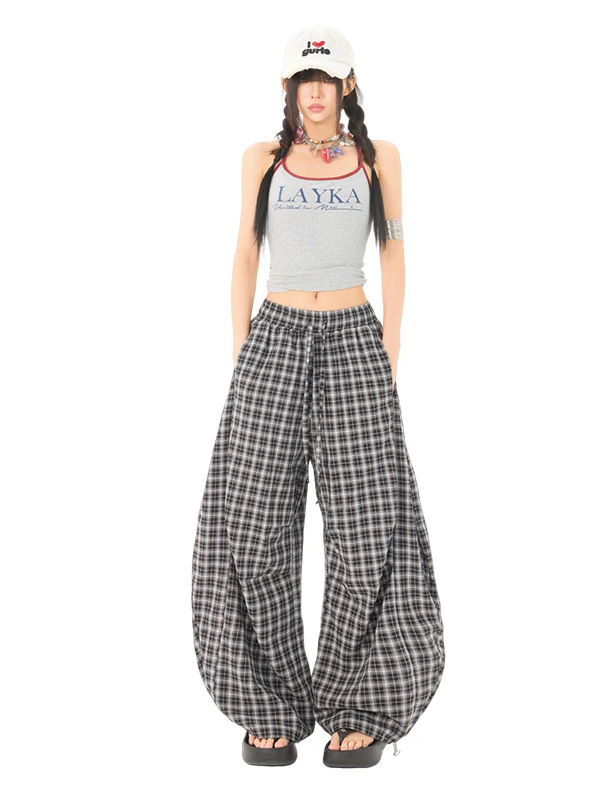 

Свободные удобные повседневные брюки в клетку для мужчин и женщин, летние длинные брюки длиной до пола, тонкие широкие брюки, американский Sle Lazy Faion