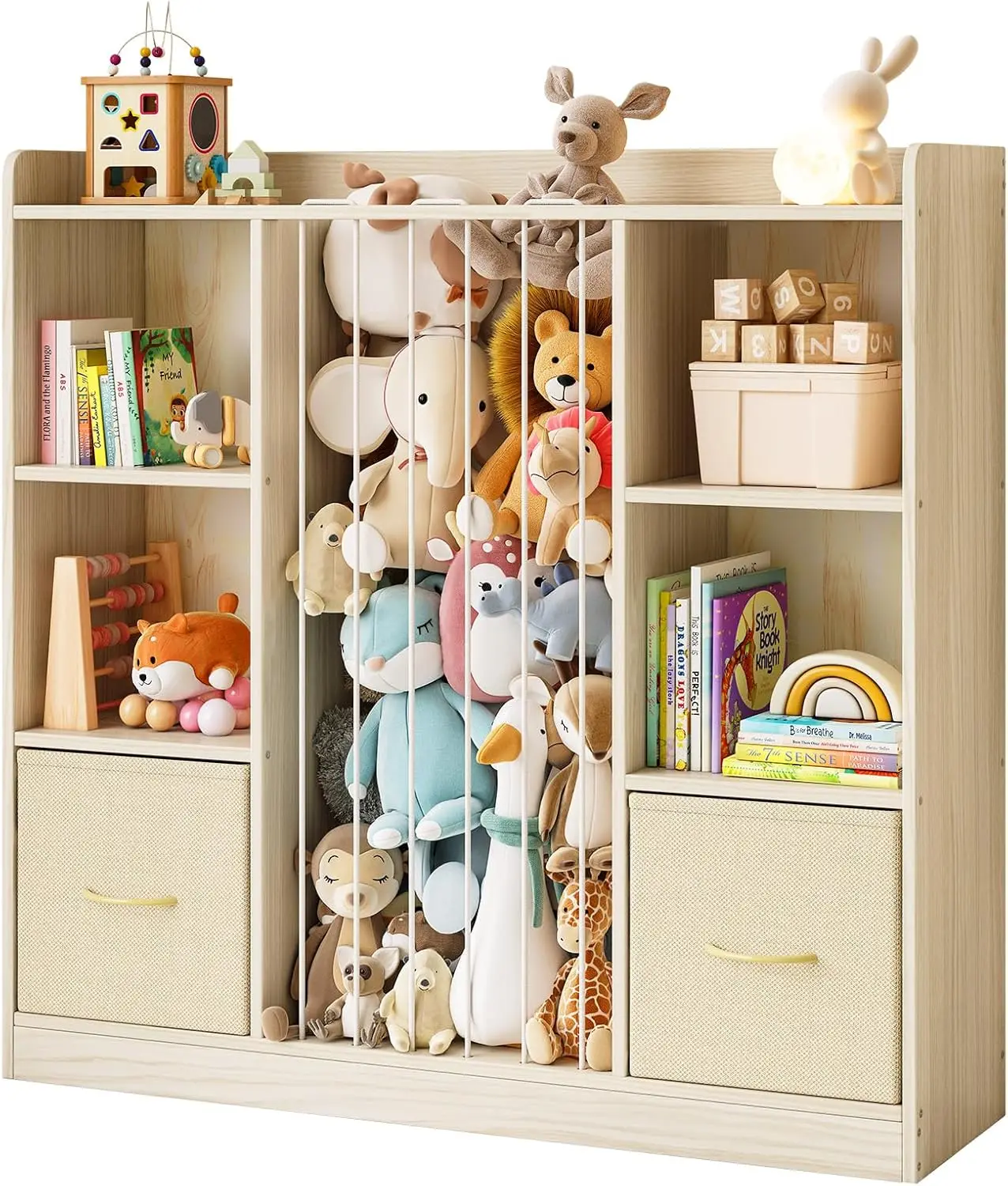 

6-Cube Wooden Toy Organizer with Drawers, Stuffed Animal Zoo & Bookshelf for Kids Room