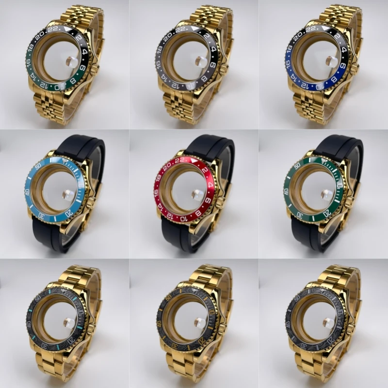 Full Yellow Gold YM Design NH35 Case 40mm Two-Way Rotating Bezel Rubber Strap Sapphire Glass NH35 NH36 NH34 Movement Watch Case - view 2