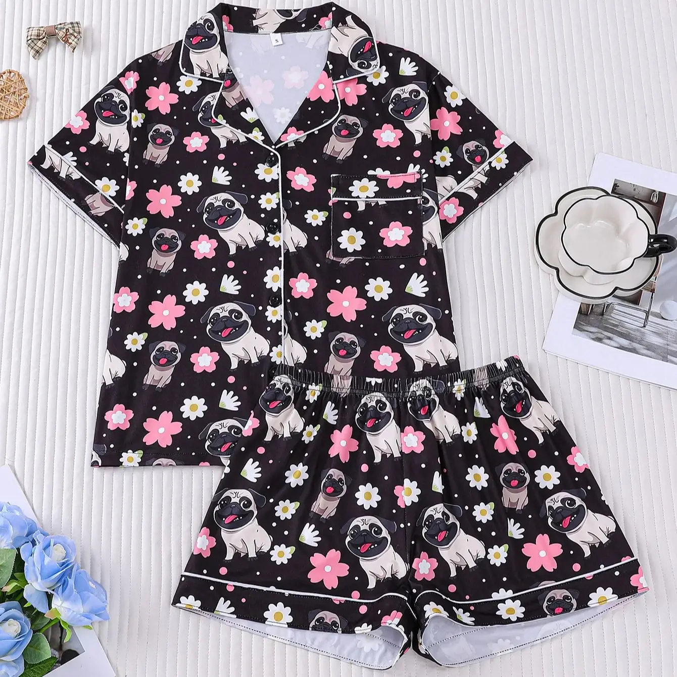 

Women's Bago Dog Flower Printed Pajama Set Short Sleeve Collar Cardigan Shorts Comfortable Casual Outerwear Home Clothes