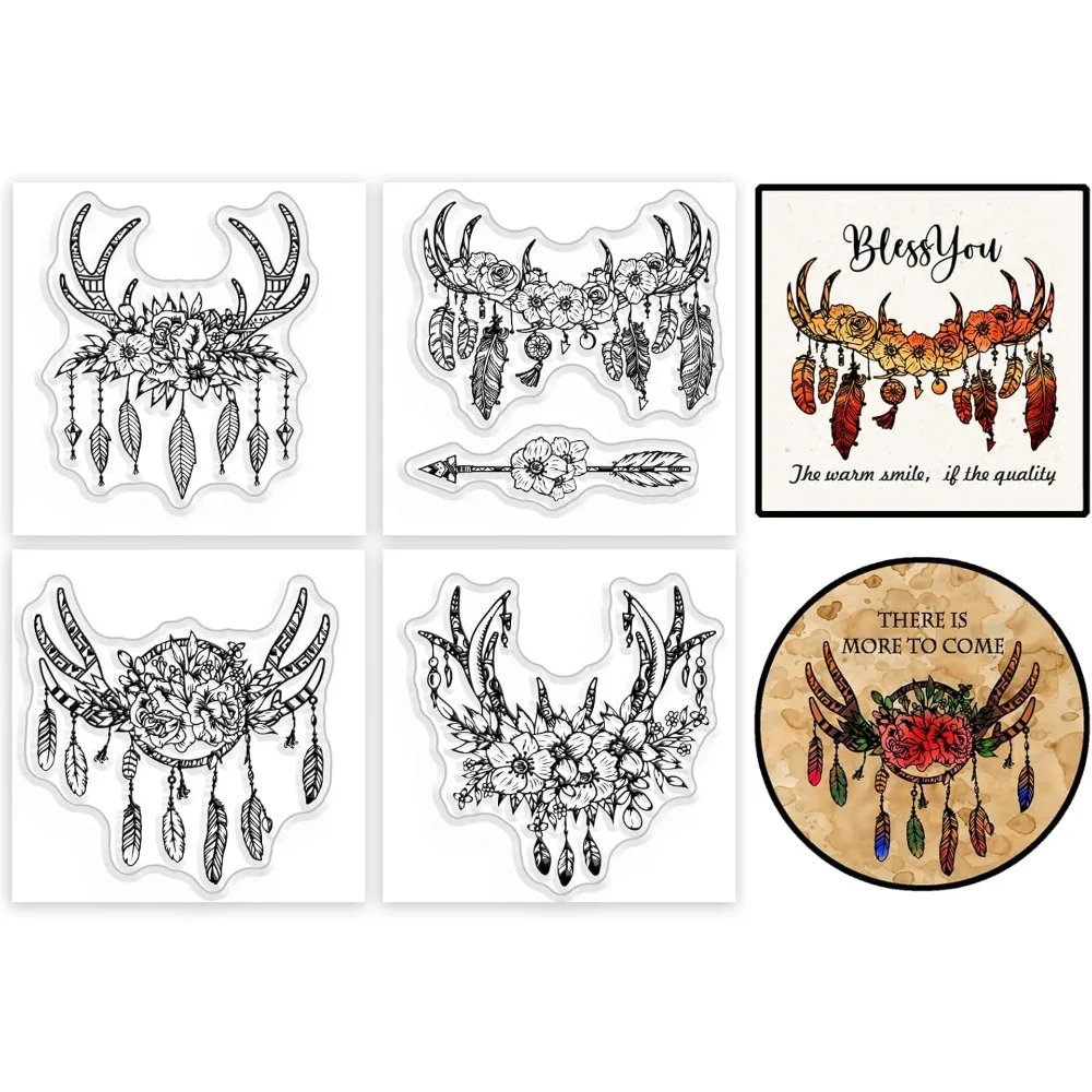 4Pcs Mini Boho Antlers Feathers Hat Clear Stamps for DIY Scrapbooking Arrow Stamp Seals Transparent Home Decoration 2.2x2.2inch