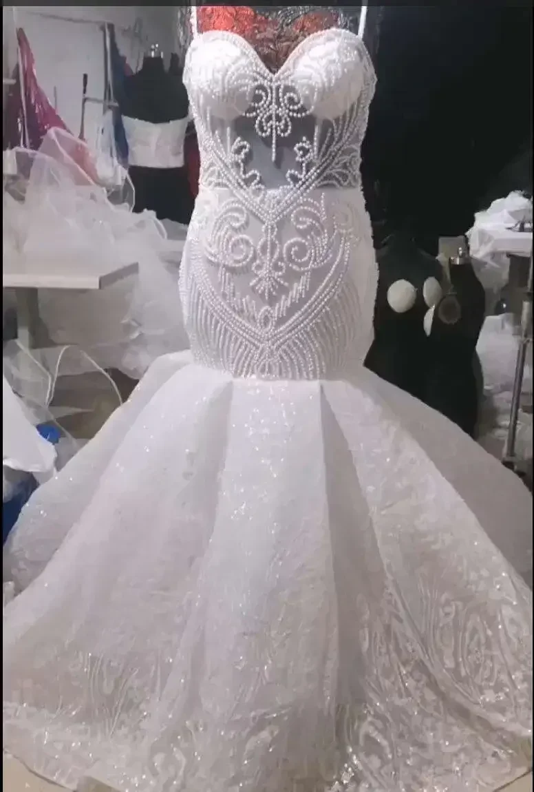 Customized  Shinny Full Handwork Pearls Wedding Dress Chapel Train Spaghetti Strap Corset Back Church Plus Size Bridal Gown