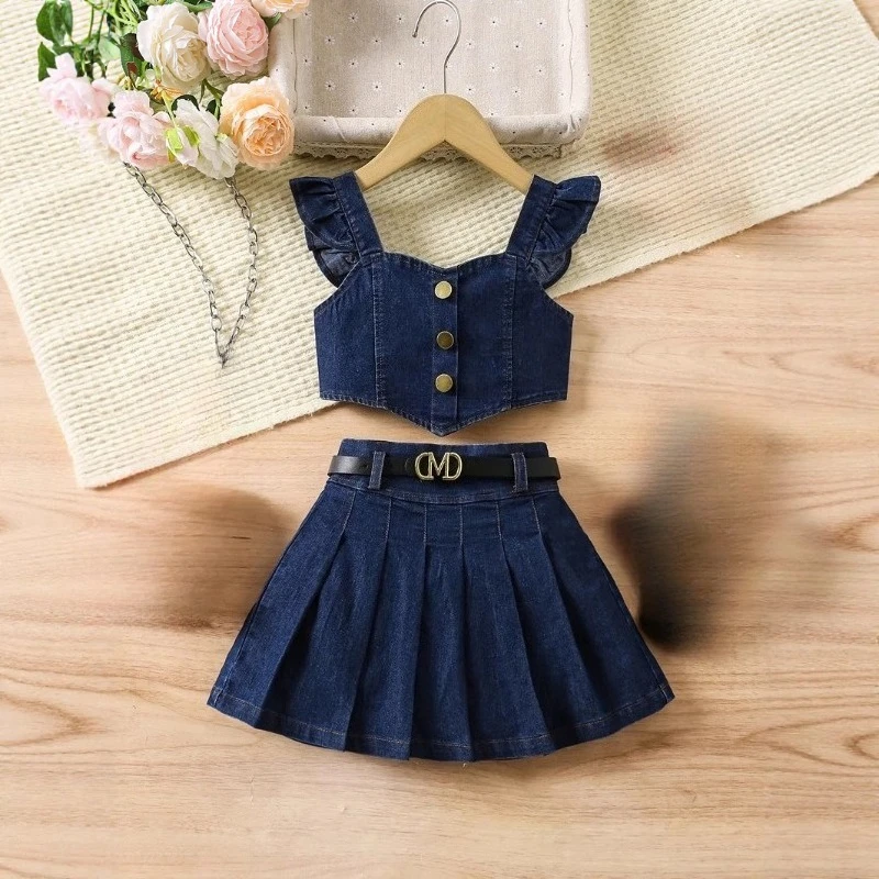 Summer Girls' Flying Sleeve Decorative Buckle Irregular Edge Back Zip Top Elastic Pleated Skirt Denim 2-piece Set