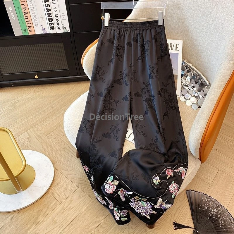 

New Chinese-style embroidered new heavy Women straight-leg jacquard casual retro national style elastic waist casual pants