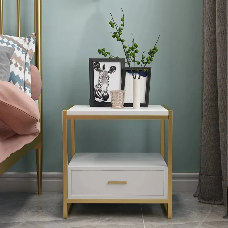 New Trend Metal Gold Wrought Iron with Drawer Nordic Simple Bedroom Furniture Luxury Shelf Modern Home Bedside Storage Cabinet