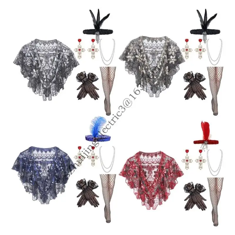 

1920s Flapper Costume Set for Women with Sequined Shawl and Pearls Necklace Accessories for Gatsby Parties