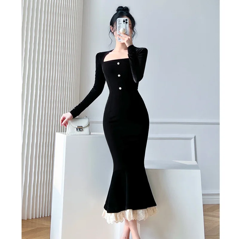 

2024 New French Style Temperament Women's High-Grade Black Dress Hepburn Style Black Turtleneck Dress for Women Autumn Korean