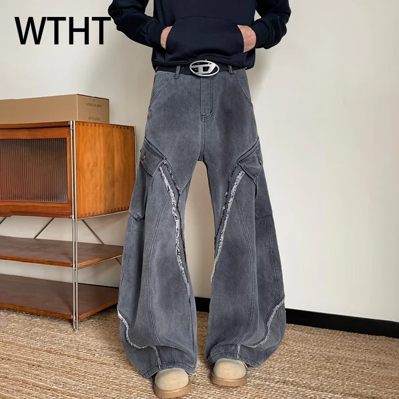 WTHT Fashion 2025 Winter Men's Spliced Burr Edge Do Old Denim Pants Vintage American Style Wide Leg Loose Jeans Male 2A2576