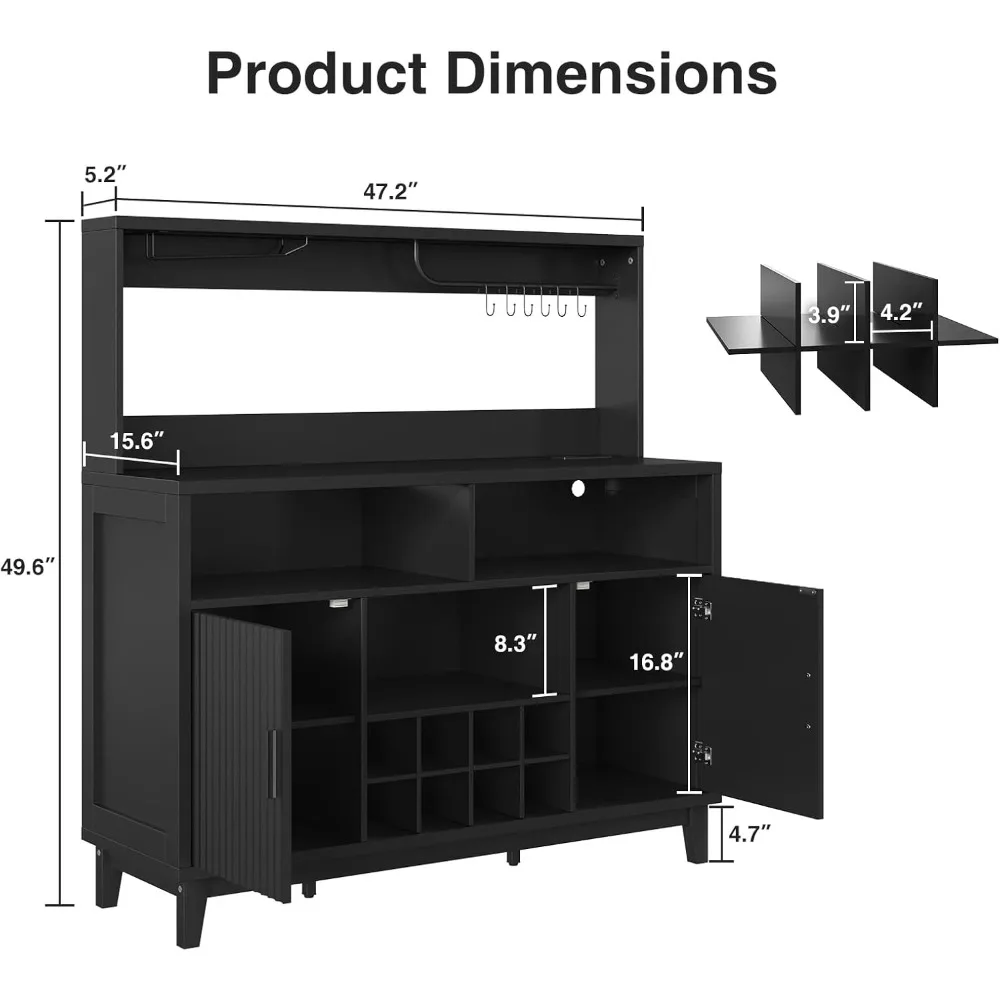 充電ステーション付きモダンな溝付きコーヒーバーキャビネット、幅47.2インチのリカーキャビネット、取り外し可能なワインラックとグラスホルダー付き