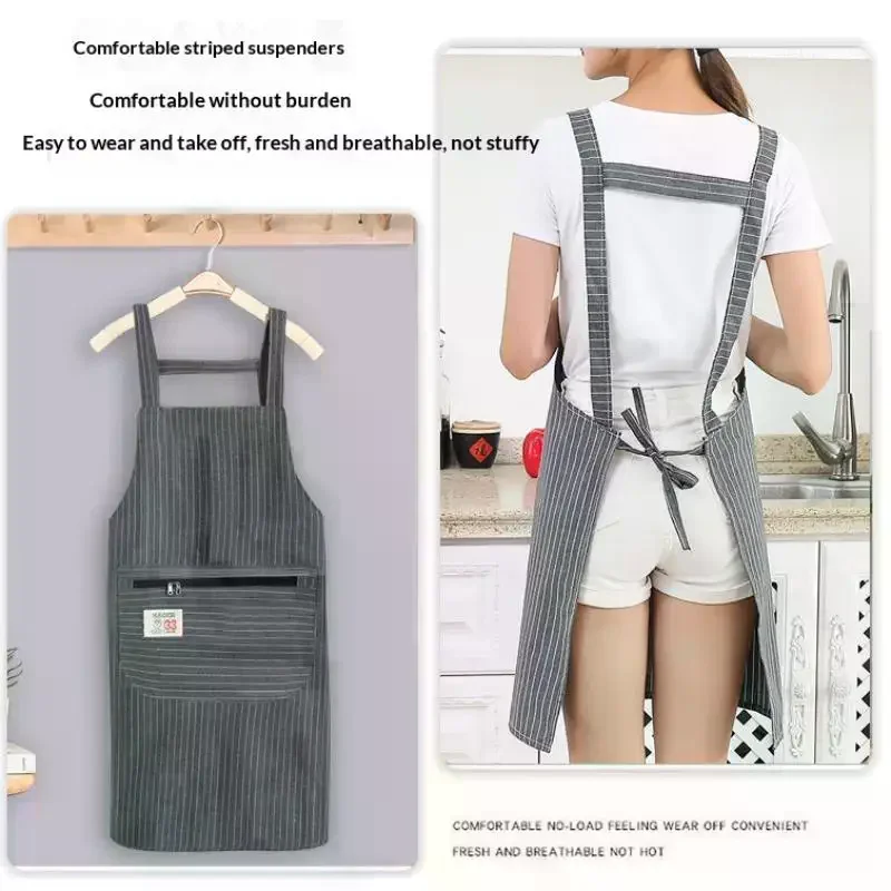 

Кухонный маслостойкий фартук в полоску, льняно-хлопковый фартук на молнии с ремнями, дышащий фартук, женская грязеотталкивающая рабочая одежда