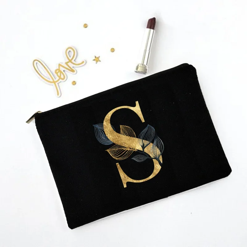 Gold Letters and Fallen Leaves Women Cosmetic Bag Make Up Bag Cosmetic Organizer Make Up Bag Lady  Brushes Bag Travel Wash Pouch