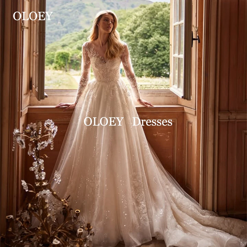 

OLOEY Luxury Beading Lace Wedding Dresses Full Sleeves O Neck A Line Bridal Gowns Customized Buttons Zip Back Robe de marriage