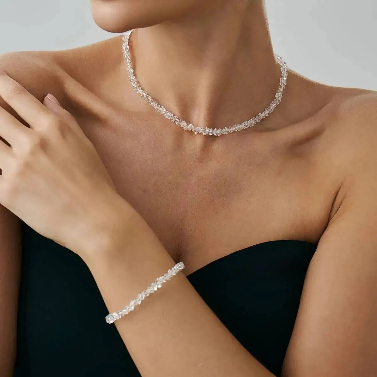 SHIXIN Elegant Crystal Bead Chain Short Choker Necklace Bangle Jewelry Set for Women Exquisite Banquet Clavicle Chain Lady Gift