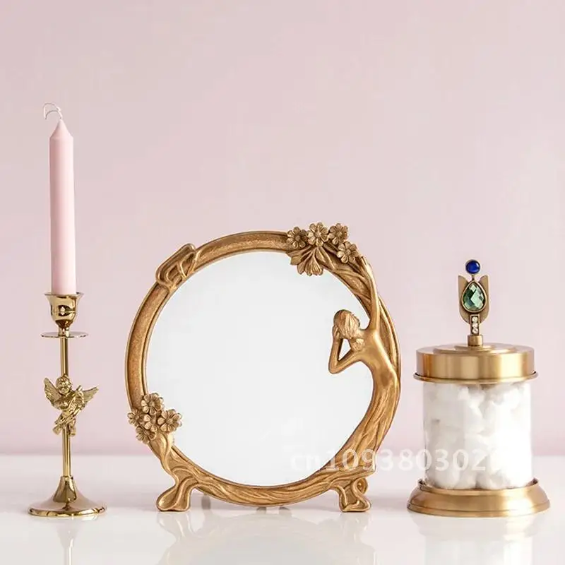Stand Desktop Mirror Large Home Decoration Elegant Environmentally Gold Vintage Baroque Wall-Mounted Mirror for Bedroom Artistic
