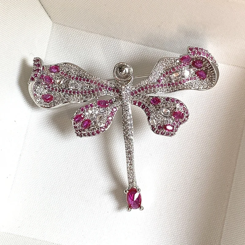 DIYAccessories Dragonfly Breastpin Women Luxury Temperament and Fully-Jewelled Inlaid Red Corundum Zircon Pin Pearl Corsage Eard