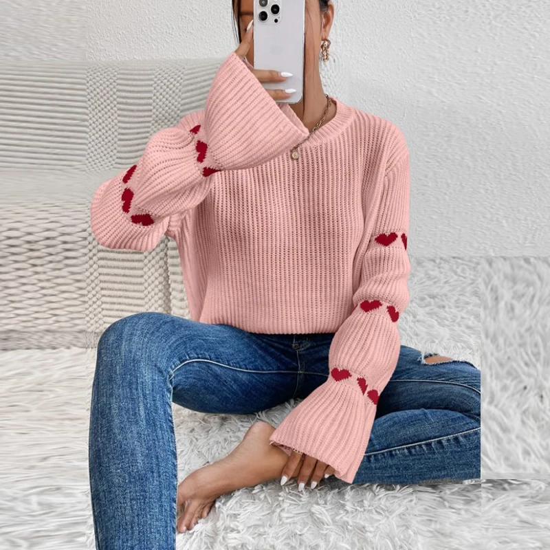 Autumn Round Neck Ribbed Knitting Sweater Women Jacquard Heart Long Sleeve Top Pullover Winter Casual Loose Warm Jumper Harajuku