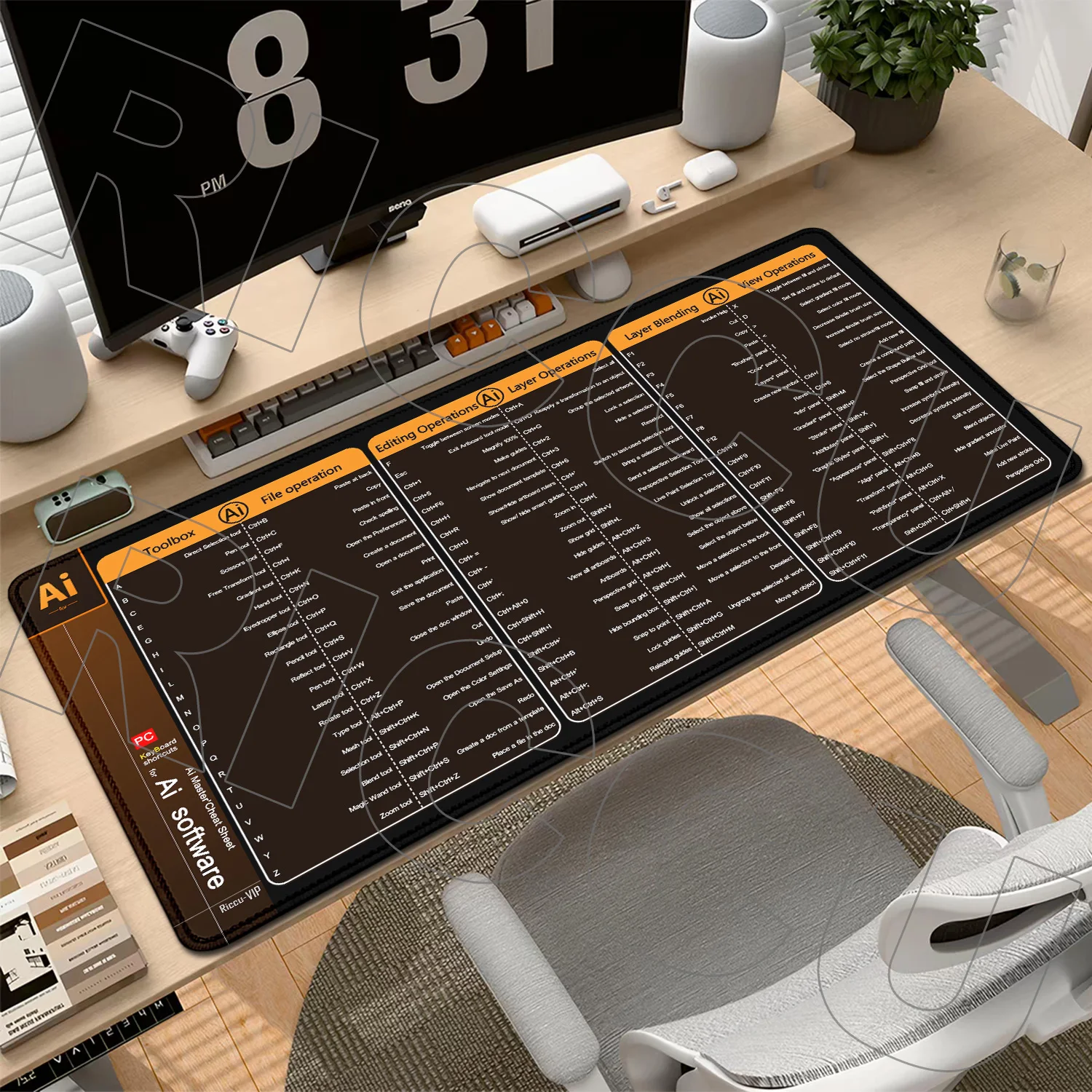 XXL Office Shortcuts Mouse Pad PS AI PR AutoCAD Cheat Sheet Keyboard Desk Mats Large Gaming Stitched Edge Non-Slip Rubber Base