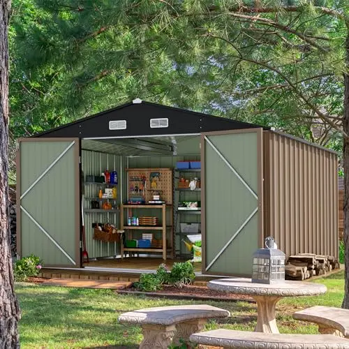 10x10 FT Outdoor Storage Shed, Brown | Metal Tool Sheds, Lockable Door, Sloping Roof, Utility Garden Shed for Lawn view 4