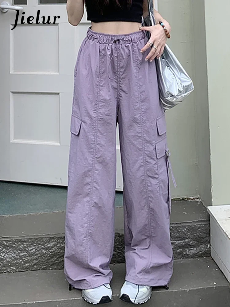 

Jielur фиолетовые повседневные женские брюки-карго на шнурке в американском стиле с тонкой талией, свободные прямые однотонные женские широкие брюки