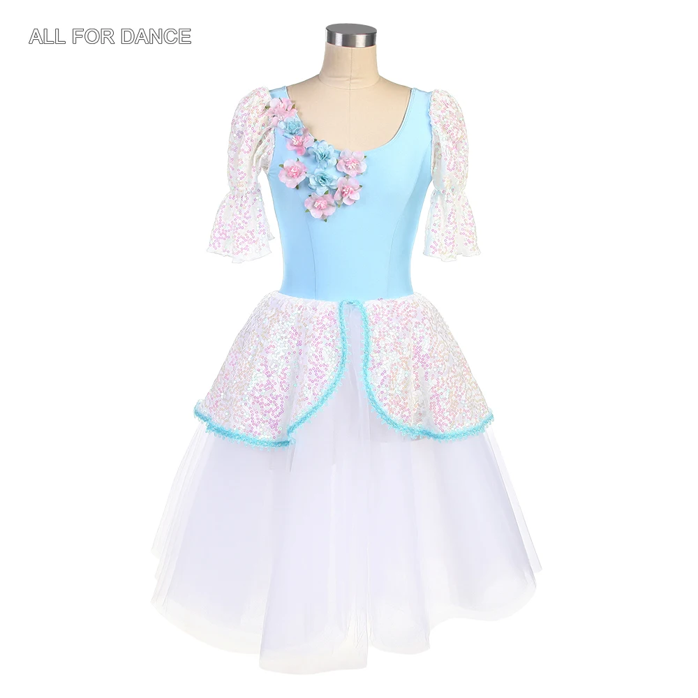 24041 New Ballet Costumes middle Sleeves Sky Blue Spandex with Flowers Romantic Ballet Dance Costumes for GroupDance