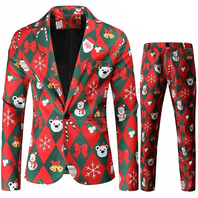 

Christmas Suits for Men 2 Piece Regular Fit Suit Snowflake Snowman Print Blazer Jacket Pants Men Suit Set for Xmas