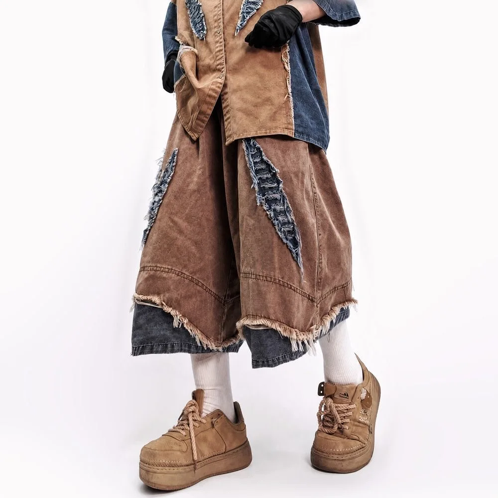ARENS Hole Denim Shorts  Mens Streetwear Hip Hop Distressed Pants Harajuku Vintage Baggy Casual Wide-leg Short Male