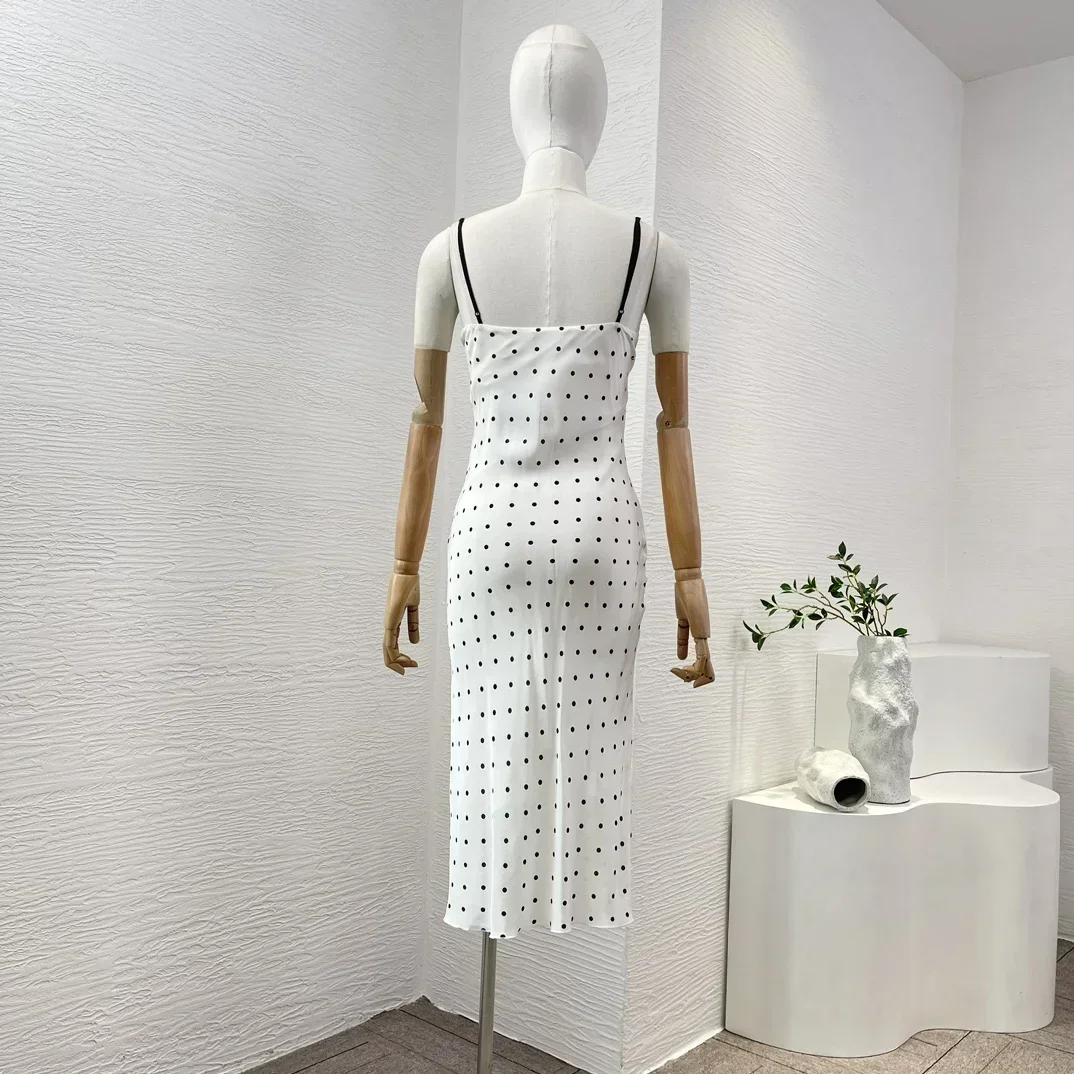 2024 New High Quality White Black Silk Polka Dots Print Heart Shaped Collar Sling Sleeveless Women Midi Dress Lady Camisole