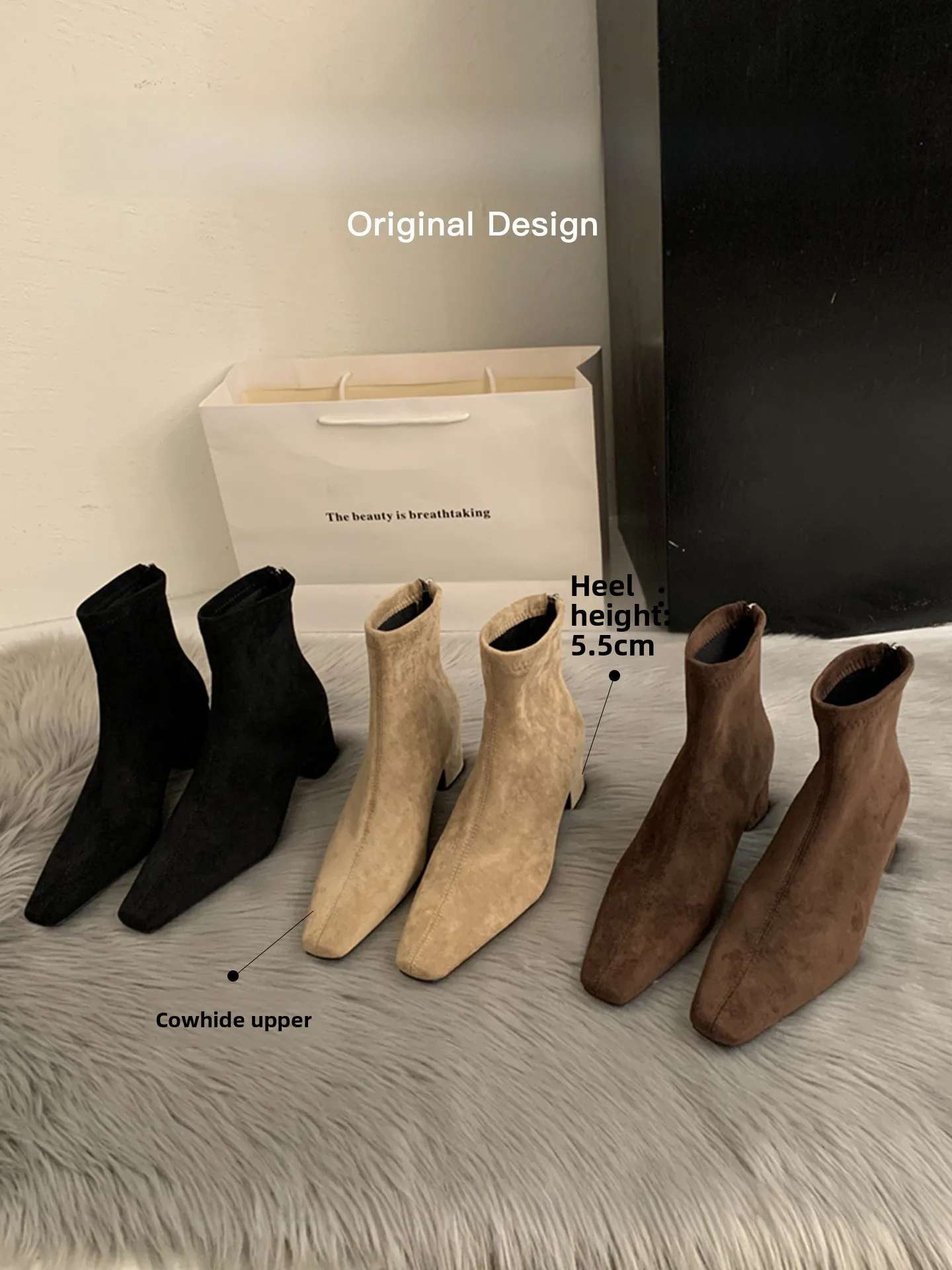 

Leather ort Boots Women's oes Boots Autumn Winter High Heel Brown Velvet Ankle Boots Slim ort Boots Korean Sle
