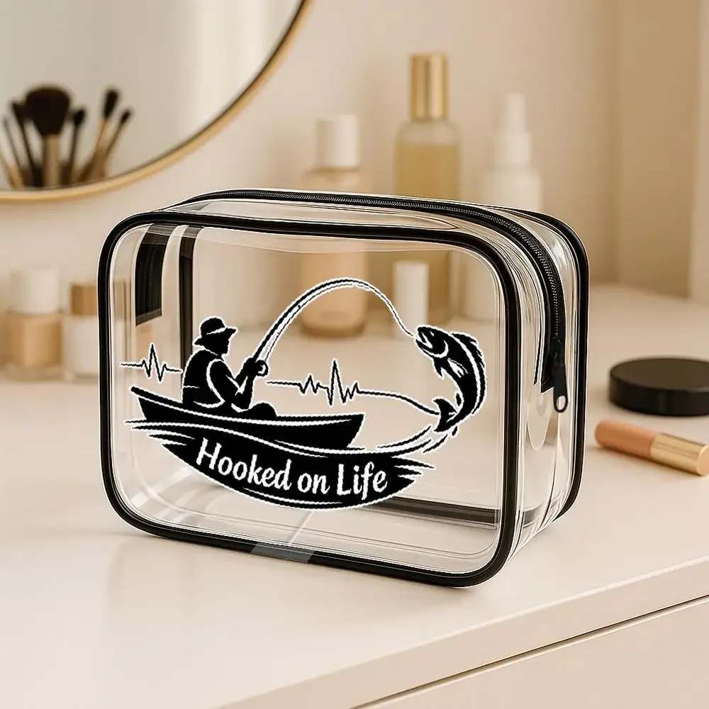 Fishing Silhouette Print Clear PVC Cosmetic Bag Hooked on Life Portable Travel Toiletry Bag Fisherman Makeup Storage Pouch