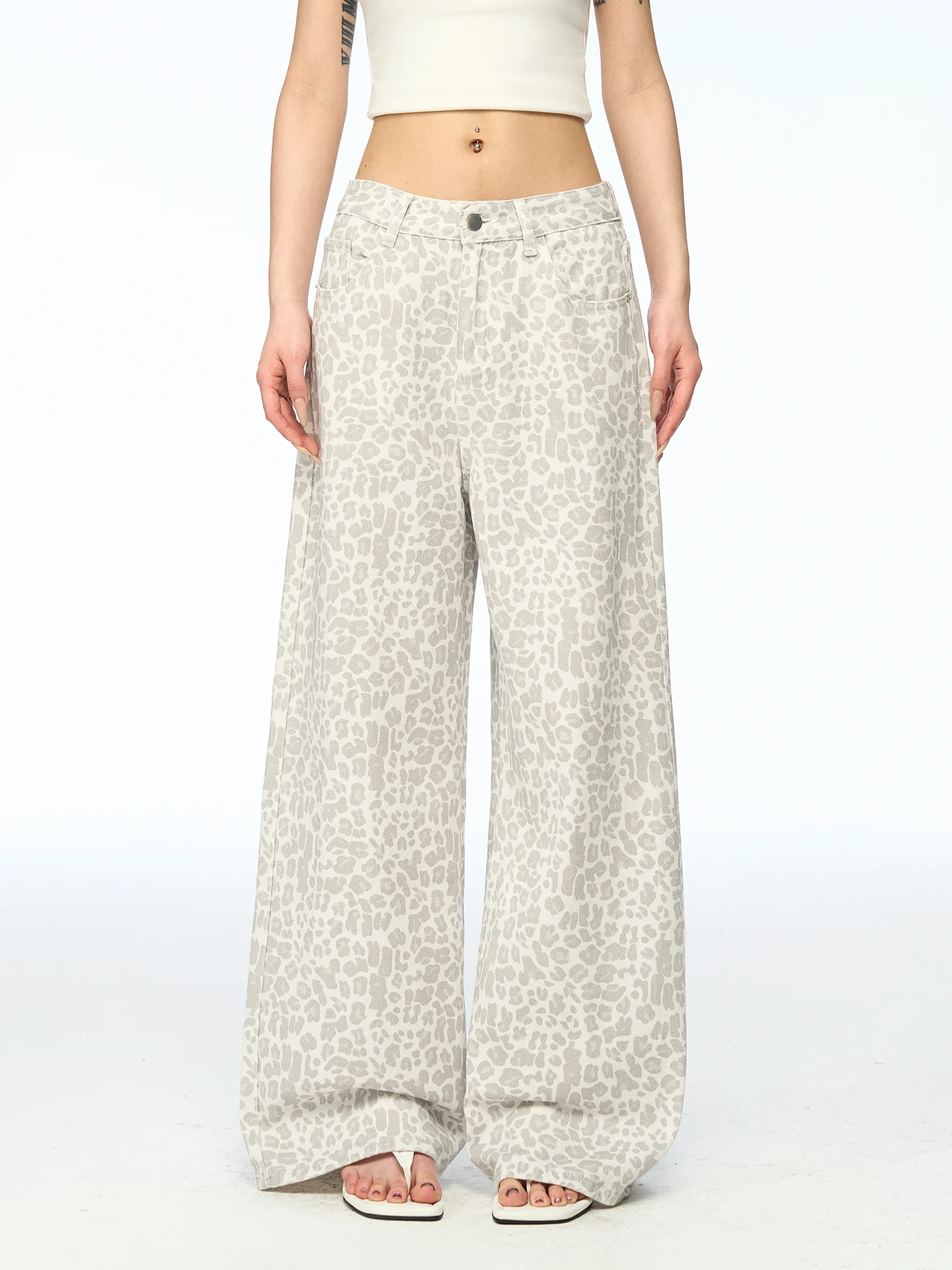 Aaisup American Retro Low Waist Leopard Print Jeans Women Summer Loose Wide Leg Straight Long Pants Slimming Versatile