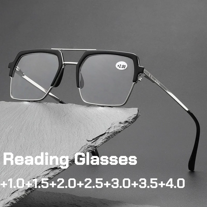 

Metal Double Beam Polygonal Reading Glasses Men's Luxury Oversize Frame Far Sight Eyeglasses Blue Light Protection Eyewear+4.0
