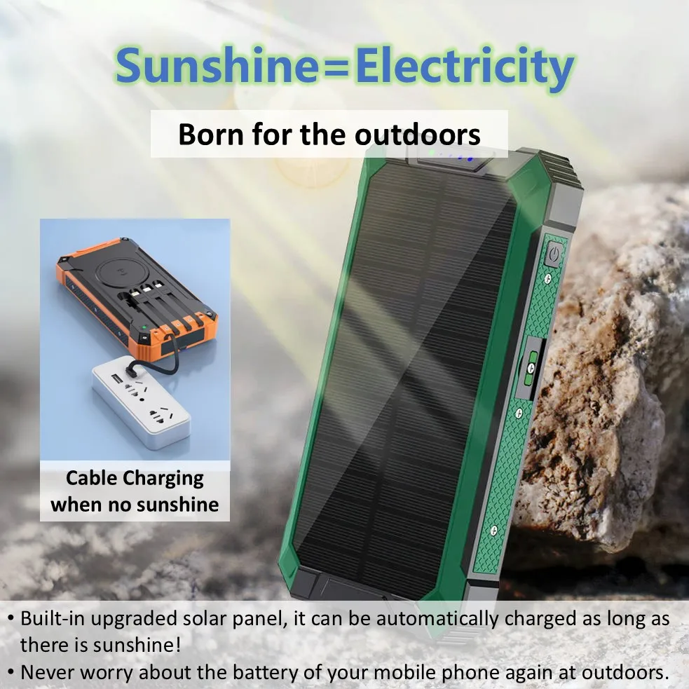 Portable Solar Power Bank 38000mAh Large Capacity Power Bank Built-in IPhone/Type-C/Android Cable Wireless Charge Camp Equipment