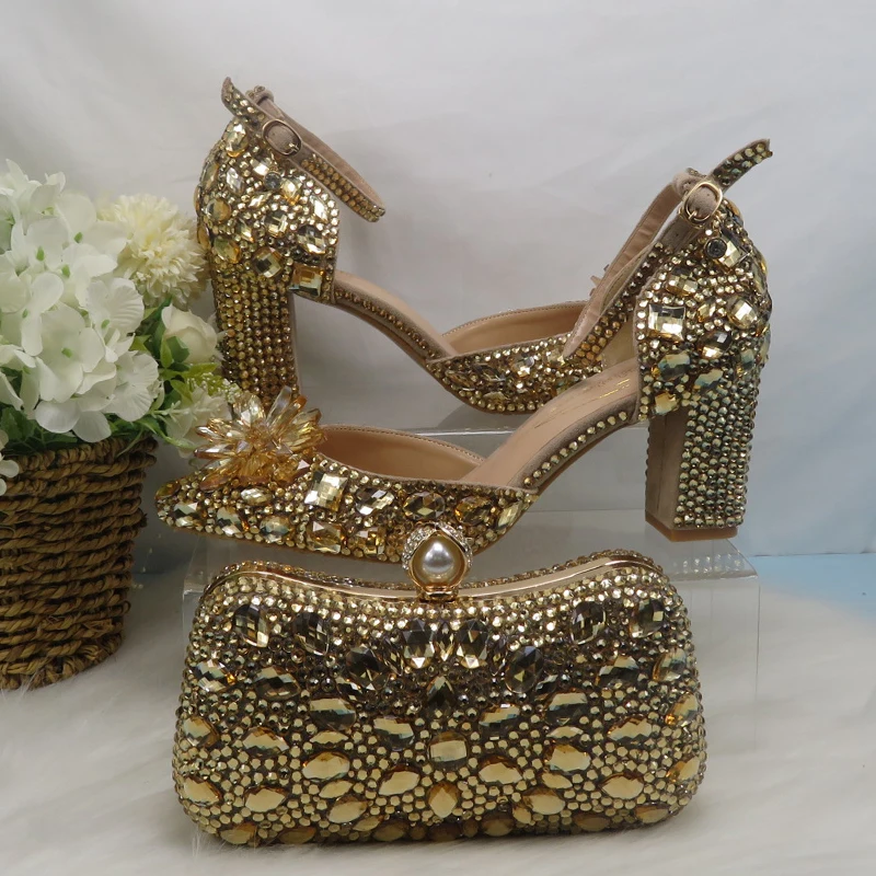BaoYaFang Champagne Gold Wedding shoes and purse for Women Bridal Fashion High Pumps Party Shoe and bag Ankle Strap