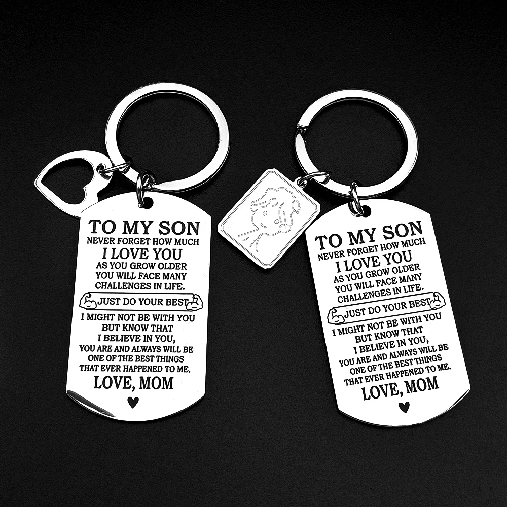 Schlüsselanhänger „An meinen Sohn“ mit Hundemarke, Liebe, Edelstahl, silberfarben, inspirierendes Zitat, Geburtstagsgeschenk für Mama und Sohn, Schmuck